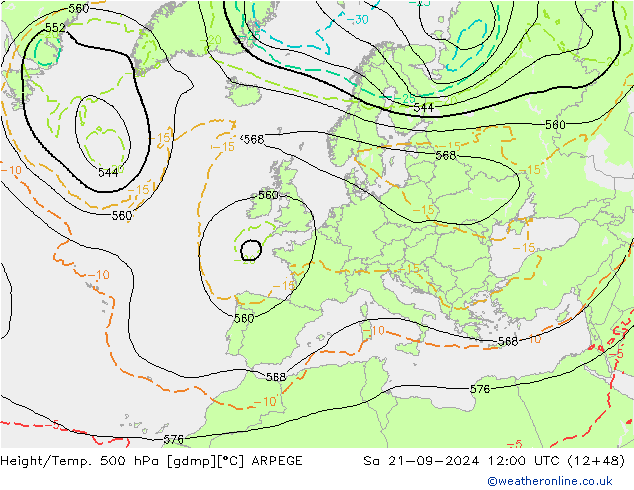 Height/Temp. 500 hPa ARPEGE Sa 21.09.2024 12 UTC