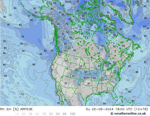 RH 2m ARPEGE Su 22.09.2024 18 UTC