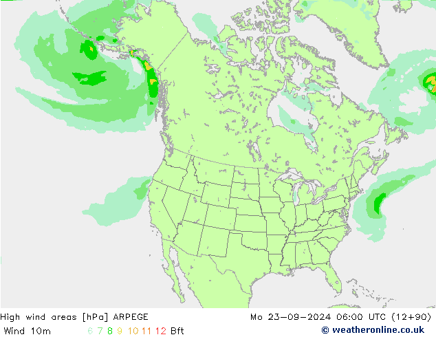 High wind areas ARPEGE пн 23.09.2024 06 UTC