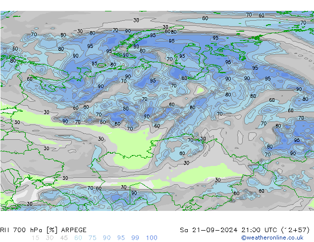 RH 700 гПа ARPEGE сб 21.09.2024 21 UTC