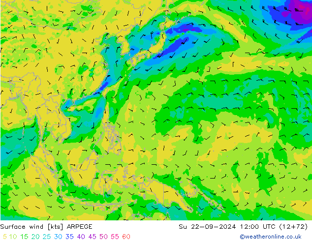 Surface wind ARPEGE Ne 22.09.2024 12 UTC