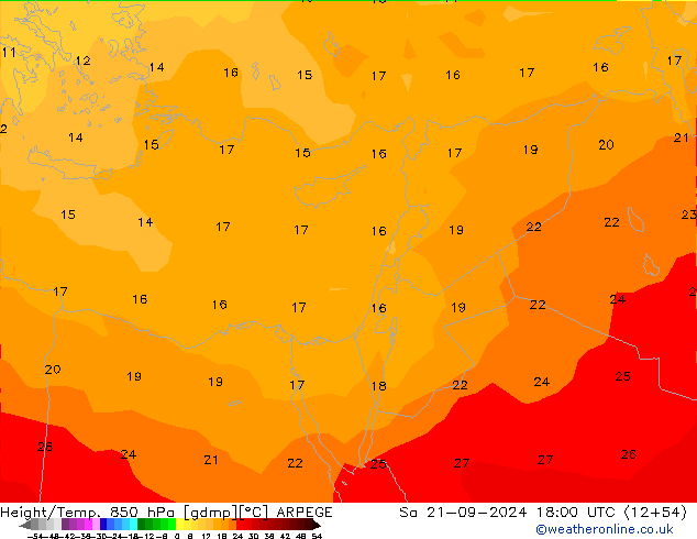 Height/Temp. 850 hPa ARPEGE Sa 21.09.2024 18 UTC