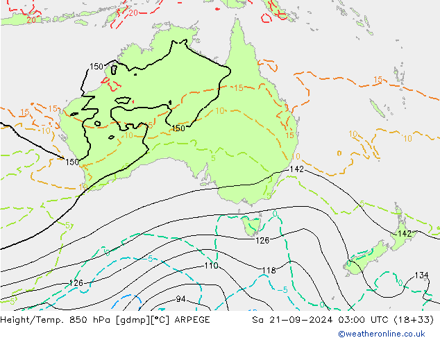 Géop./Temp. 850 hPa ARPEGE sam 21.09.2024 03 UTC