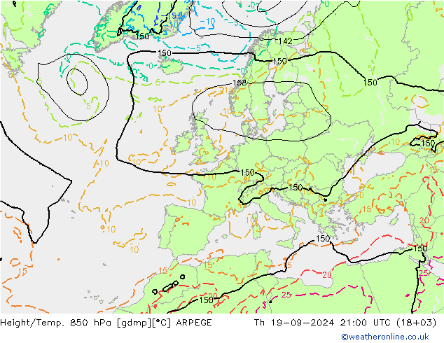 Height/Temp. 850 hPa ARPEGE Th 19.09.2024 21 UTC