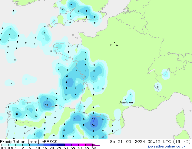 Srážky ARPEGE So 21.09.2024 12 UTC