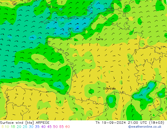 Vent 10 m ARPEGE jeu 19.09.2024 21 UTC