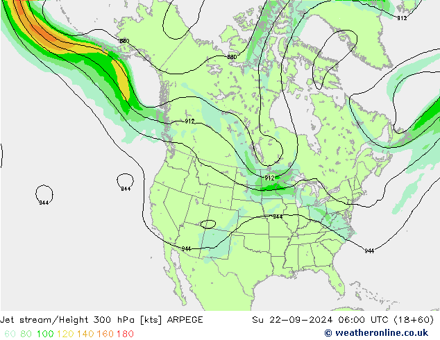 Jet stream/Height 300 hPa ARPEGE Ne 22.09.2024 06 UTC