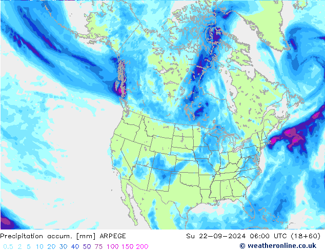 Precipitation accum. ARPEGE Ne 22.09.2024 06 UTC