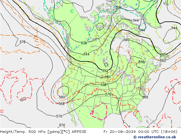 Height/Temp. 500 hPa ARPEGE 星期五 20.09.2024 00 UTC