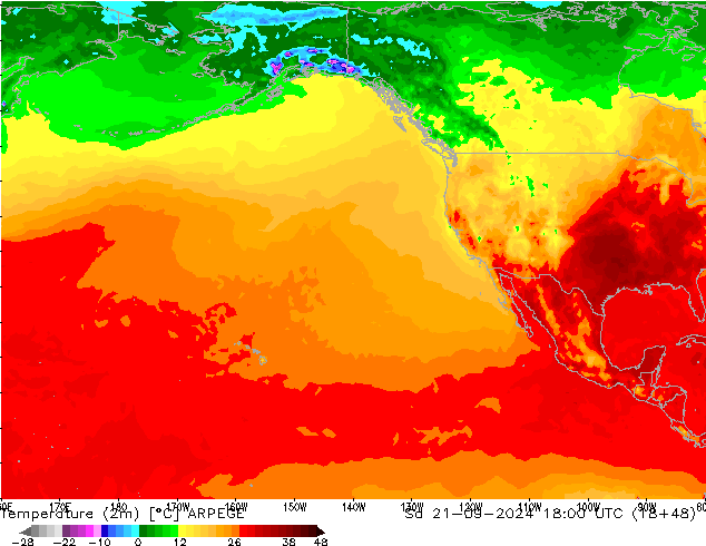 Temperatuurkaart (2m) ARPEGE za 21.09.2024 18 UTC