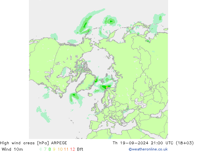 High wind areas ARPEGE чт 19.09.2024 21 UTC