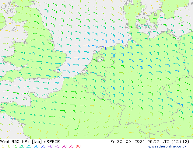 Wind 850 hPa ARPEGE Pá 20.09.2024 06 UTC