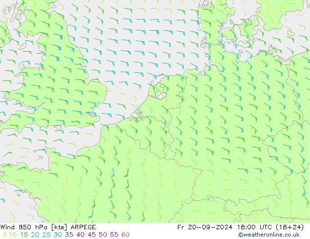 Wind 850 hPa ARPEGE Pá 20.09.2024 18 UTC