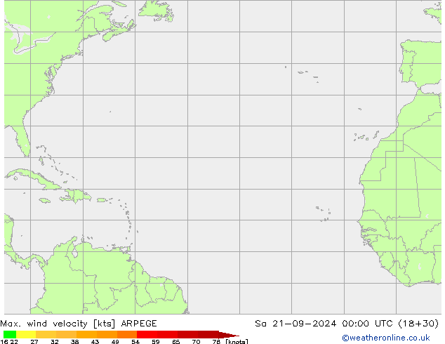 Max. wind velocity ARPEGE сб 21.09.2024 00 UTC