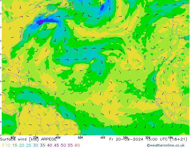 wiatr 10 m ARPEGE pt. 20.09.2024 15 UTC