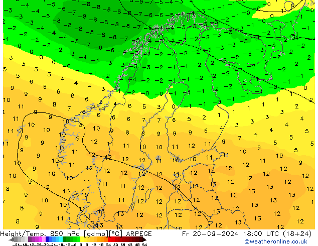 Height/Temp. 850 hPa ARPEGE Fr 20.09.2024 18 UTC