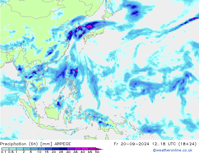 Totale neerslag (6h) ARPEGE vr 20.09.2024 18 UTC