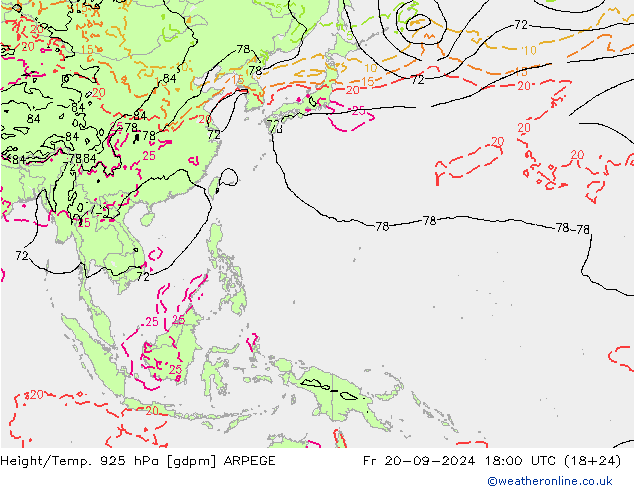 Hoogte/Temp. 925 hPa ARPEGE vr 20.09.2024 18 UTC