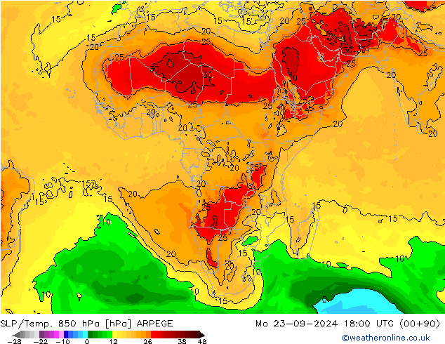 SLP/Temp. 850 hPa ARPEGE Mo 23.09.2024 18 UTC