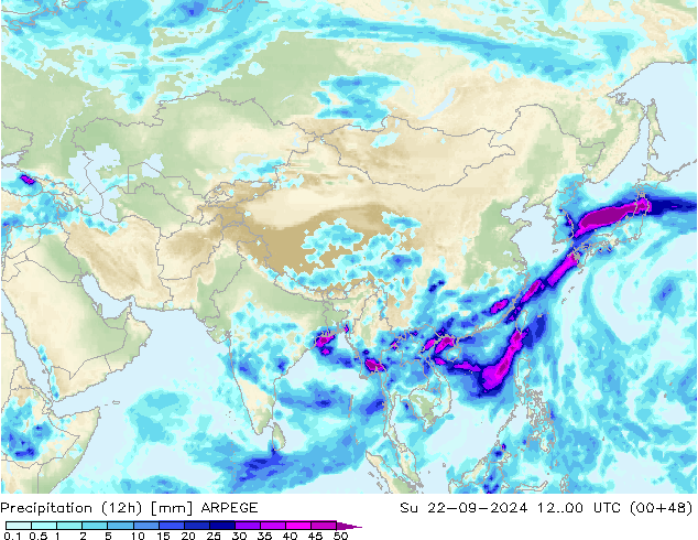 Totale neerslag (12h) ARPEGE zo 22.09.2024 00 UTC