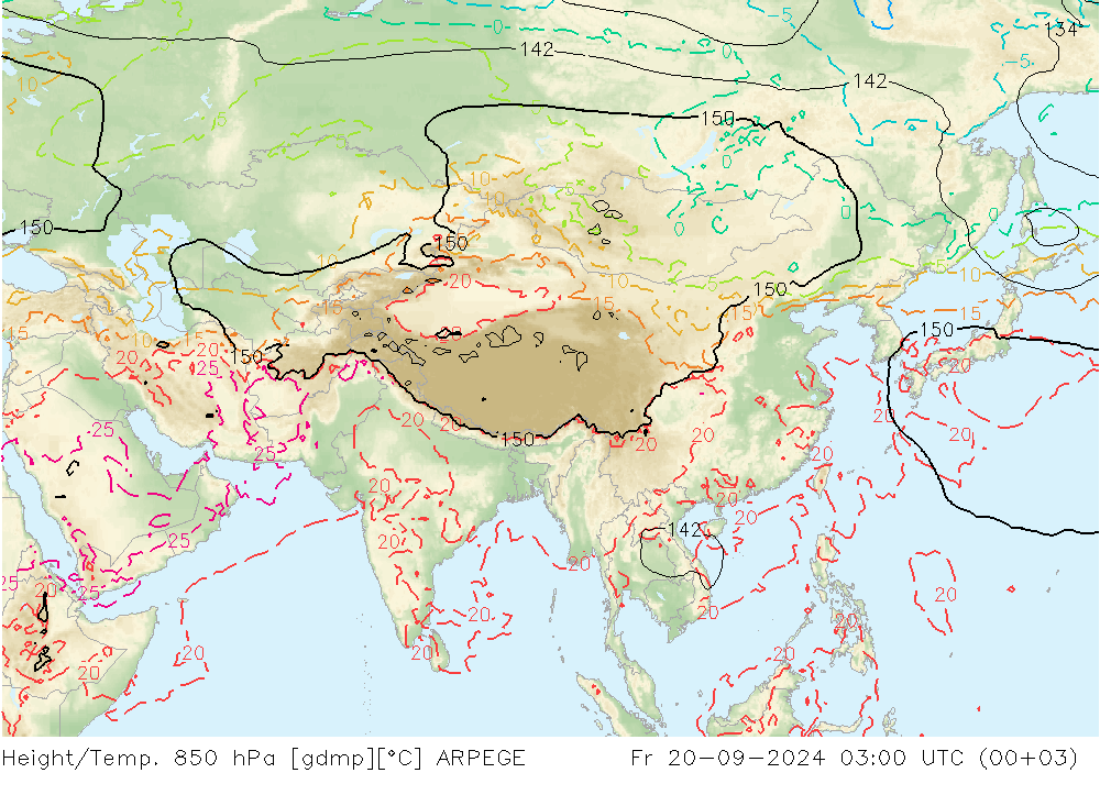 Height/Temp. 850 hPa ARPEGE Fr 20.09.2024 03 UTC