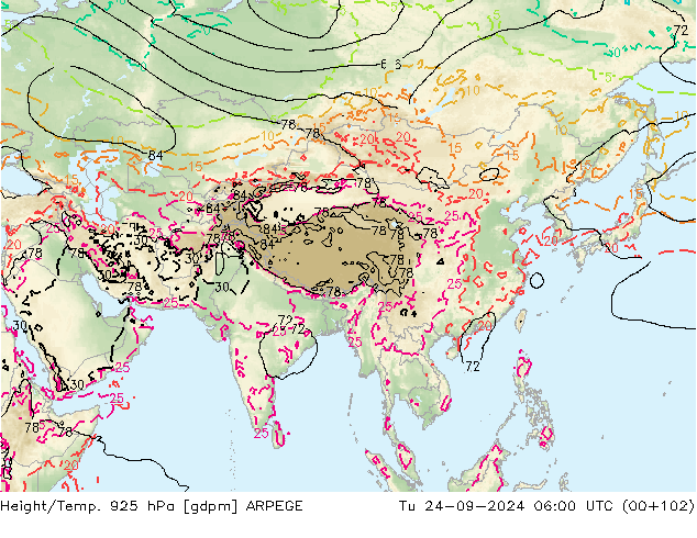 Hoogte/Temp. 925 hPa ARPEGE di 24.09.2024 06 UTC