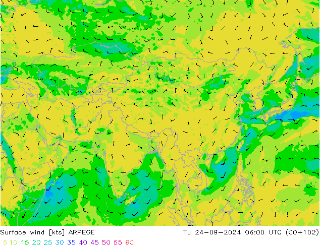 wiatr 10 m ARPEGE wto. 24.09.2024 06 UTC