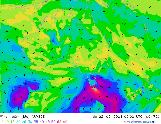 Vento 100m ARPEGE lun 23.09.2024 00 UTC