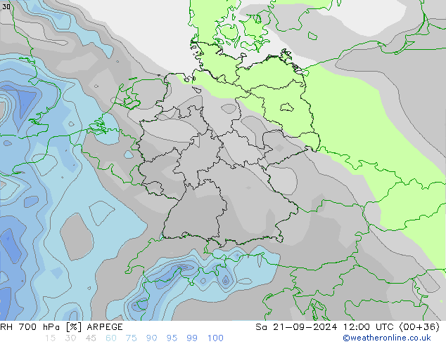 RH 700 hPa ARPEGE so. 21.09.2024 12 UTC