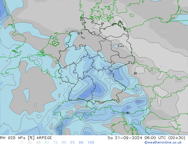 RH 925 hPa ARPEGE Sa 21.09.2024 06 UTC