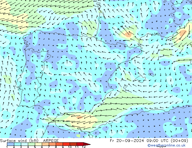 Vento 10 m (bft) ARPEGE Sex 20.09.2024 09 UTC