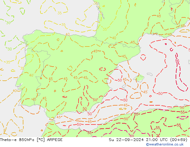 Theta-e 850hPa ARPEGE Su 22.09.2024 21 UTC