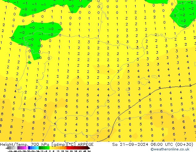 Yükseklik/Sıc. 700 hPa ARPEGE Cts 21.09.2024 06 UTC