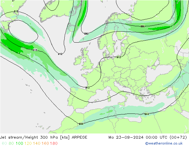 Jet stream/Height 300 hPa ARPEGE Mo 23.09.2024 00 UTC