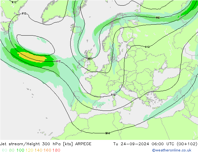 Jet stream/Height 300 hPa ARPEGE Út 24.09.2024 06 UTC