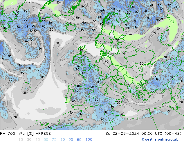 Humidité rel. 700 hPa ARPEGE dim 22.09.2024 00 UTC