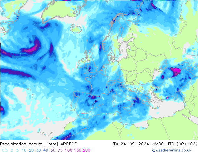 Precipitation accum. ARPEGE Tu 24.09.2024 06 UTC