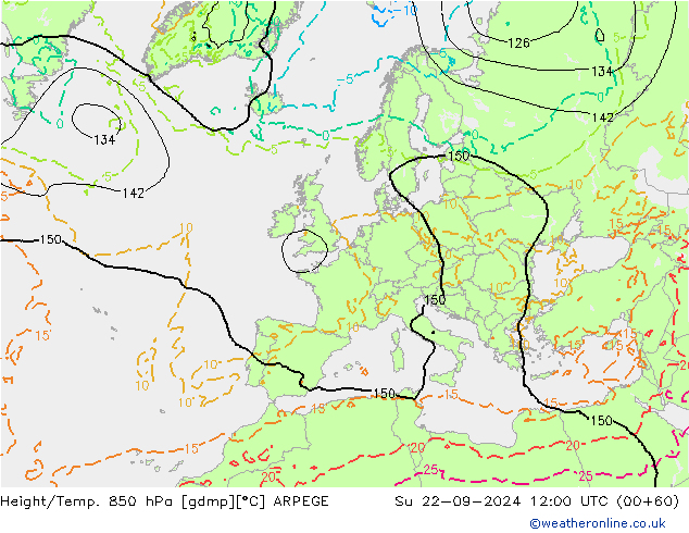 Height/Temp. 850 hPa ARPEGE nie. 22.09.2024 12 UTC