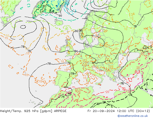 Height/Temp. 925 hPa ARPEGE Fr 20.09.2024 12 UTC