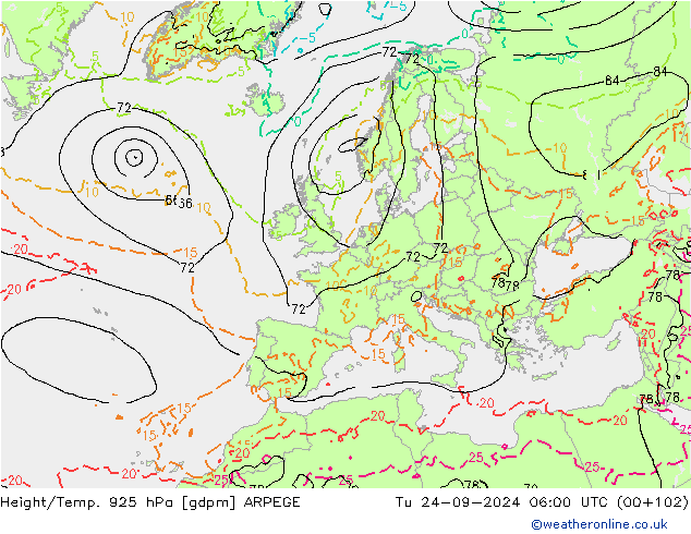 Height/Temp. 925 hPa ARPEGE  24.09.2024 06 UTC