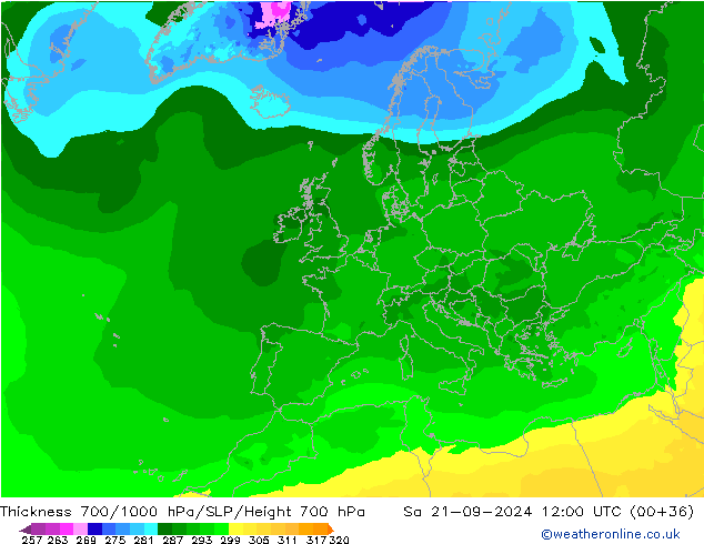 Schichtdicke 700-1000 hPa ARPEGE Sa 21.09.2024 12 UTC