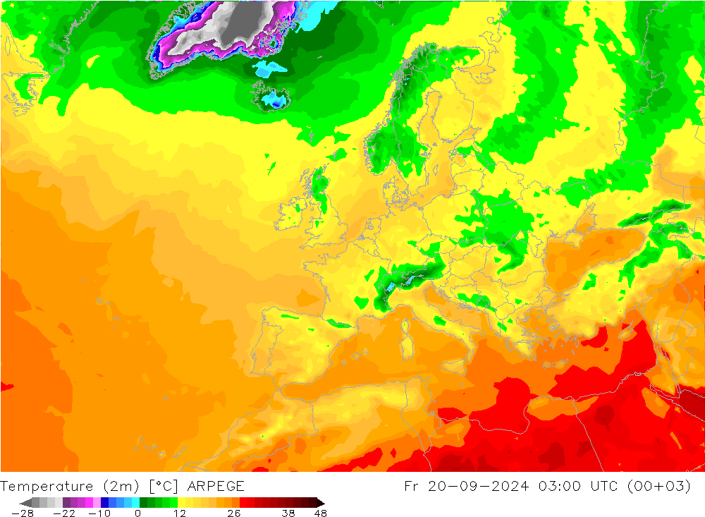 Temperaturkarte (2m) ARPEGE Fr 20.09.2024 03 UTC