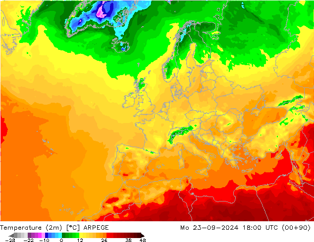 Temperature (2m) ARPEGE Mo 23.09.2024 18 UTC