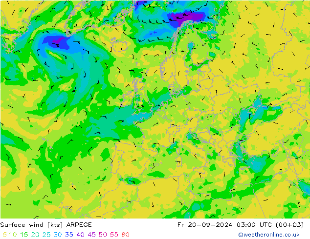 Surface wind ARPEGE Fr 20.09.2024 03 UTC