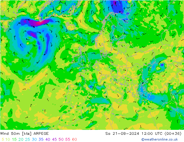 Vento 50 m ARPEGE sab 21.09.2024 12 UTC