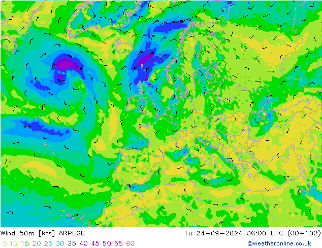 Vent 50 m ARPEGE mar 24.09.2024 06 UTC