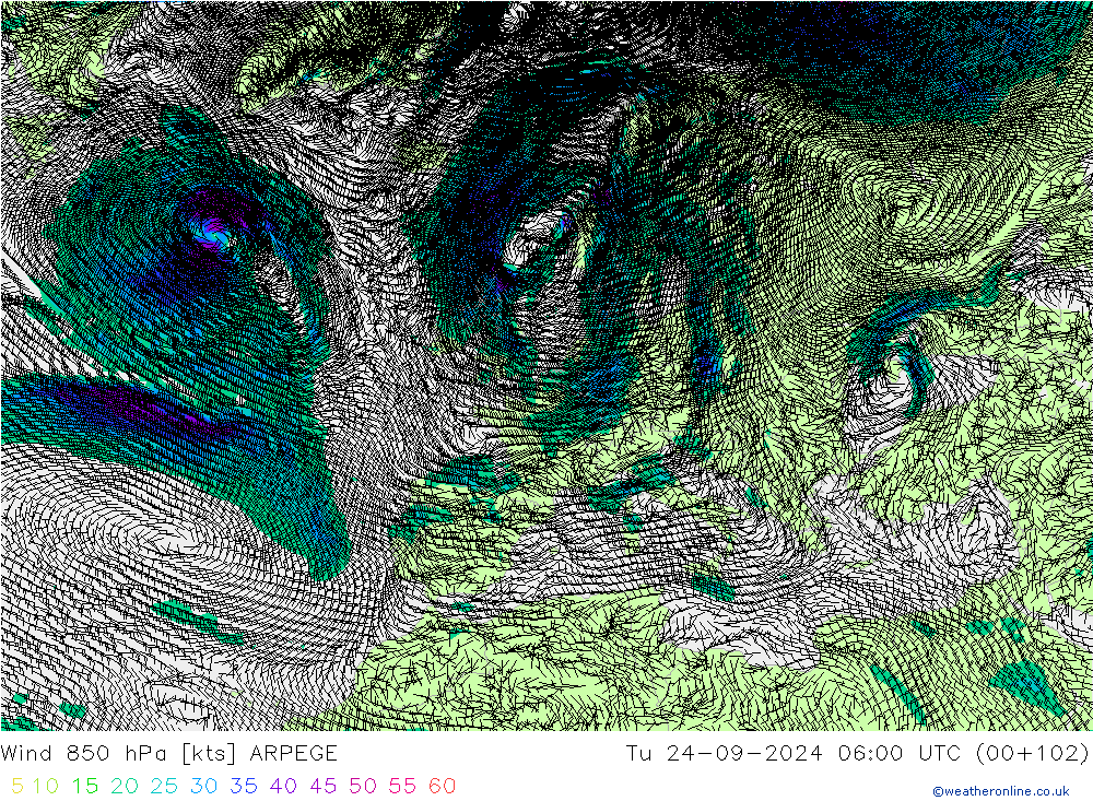 Wind 850 hPa ARPEGE Tu 24.09.2024 06 UTC