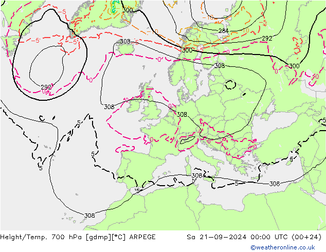 Yükseklik/Sıc. 700 hPa ARPEGE Cts 21.09.2024 00 UTC