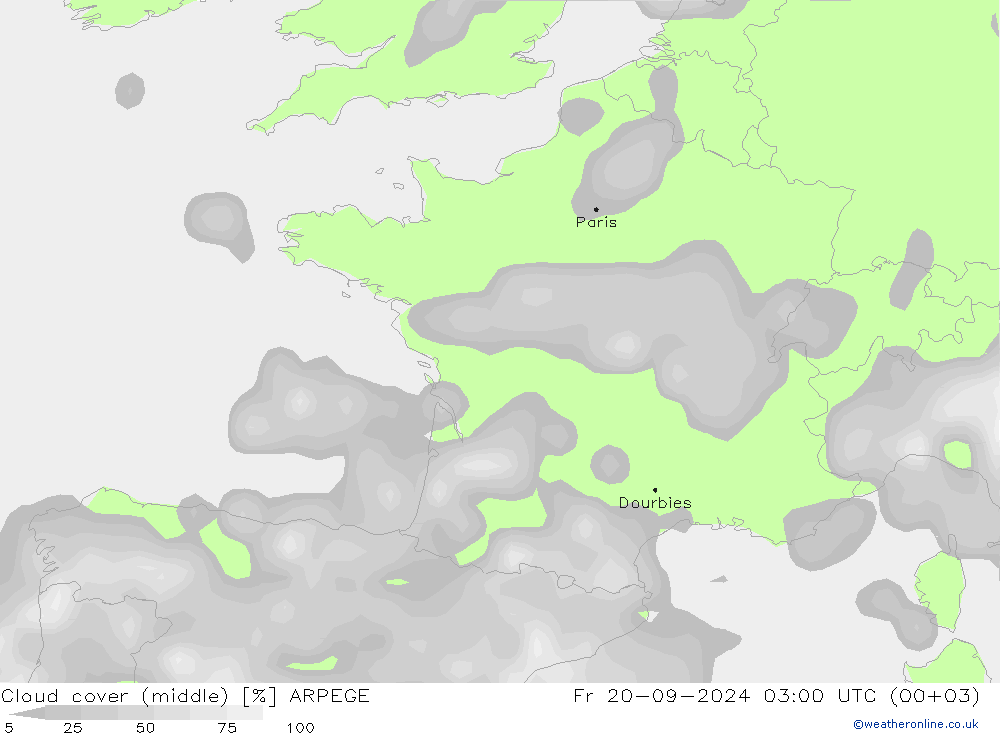 Wolken (mittel) ARPEGE Fr 20.09.2024 03 UTC