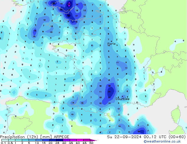 Precipitation (12h) ARPEGE Su 22.09.2024 12 UTC